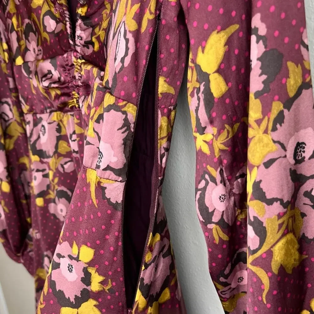 Free People Morning Light Dress 6 Mauve Floral Polka Dot Satin Keyhole Boho